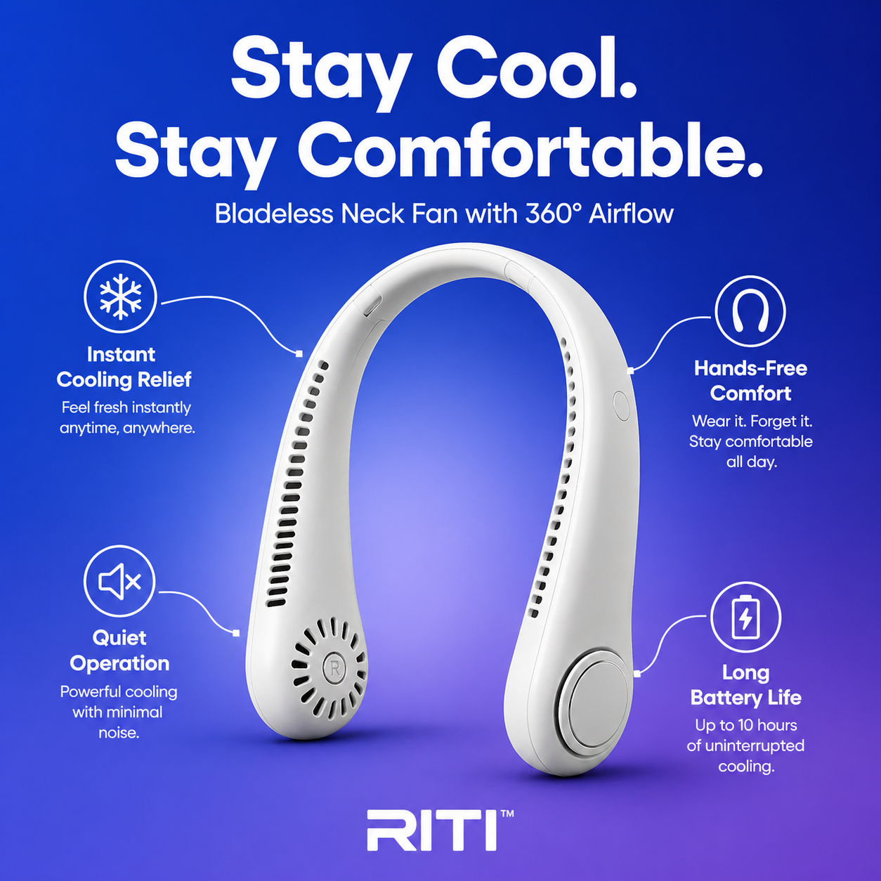 RITI AirLoop™ Bladeless Wearable Neck Fan – 360° Cooling, 3-Speed, Rechargeable