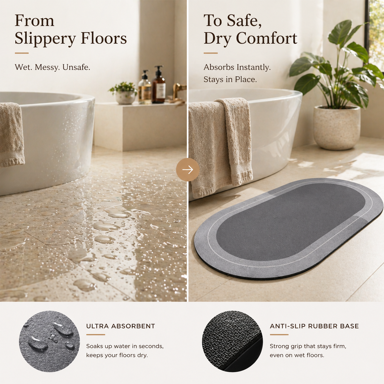 RitiHome Ultra-Slim Quick-Dry Bath Mat (Set of 2) – 3.5mm Anti-Skid Rubber