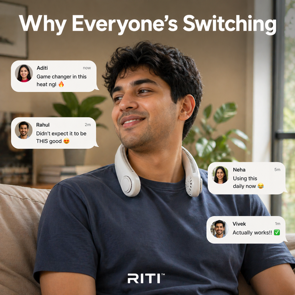 RITI AirLoop™ Bladeless Wearable Neck Fan – 360° Cooling, 3-Speed, Rechargeable