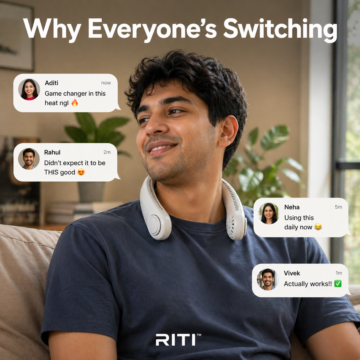 RITI AirLoop™ Bladeless Wearable Neck Fan – 360° Cooling, 3-Speed, Rechargeable