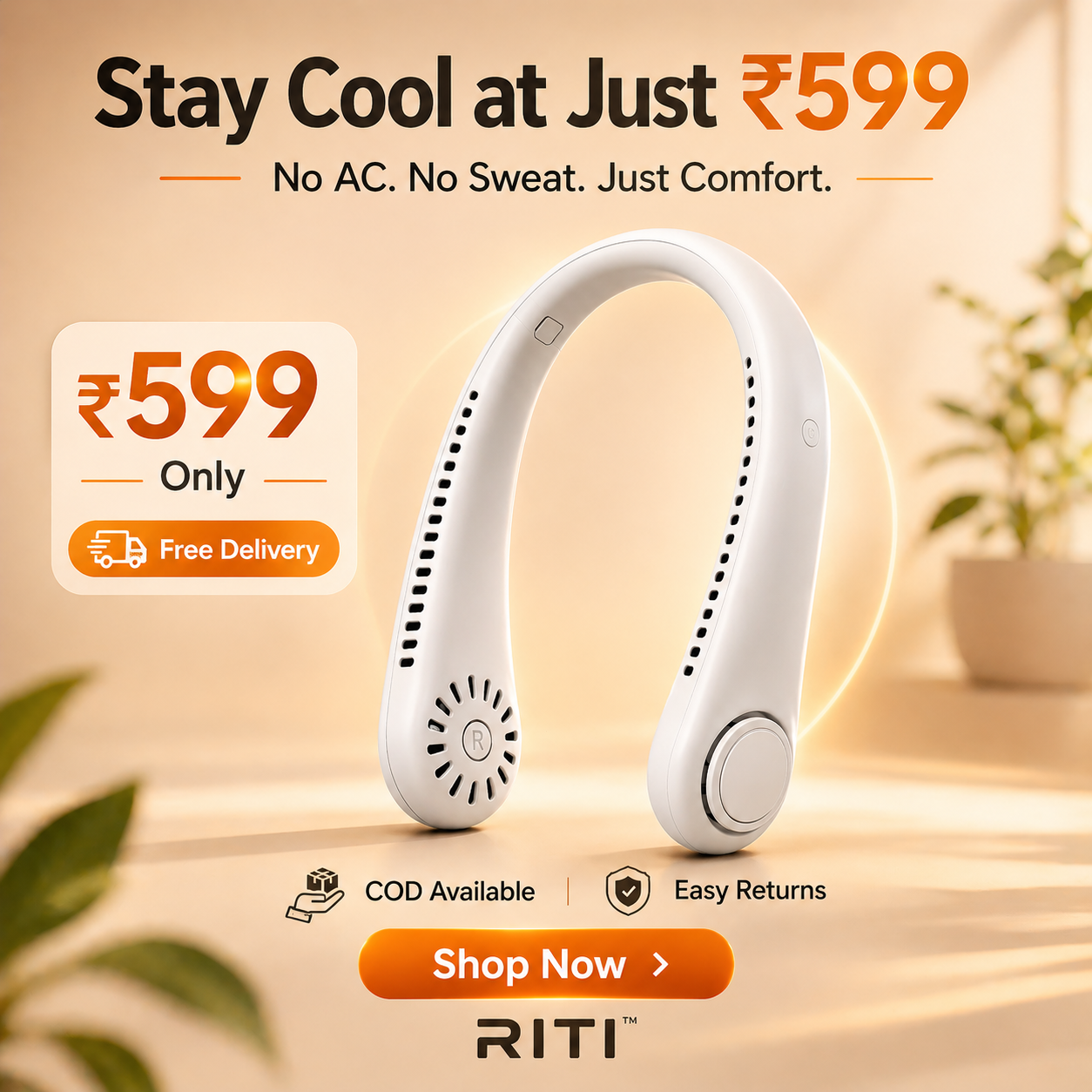 RITI AirLoop™ Bladeless Wearable Neck Fan – 360° Cooling, 3-Speed, Rechargeable
